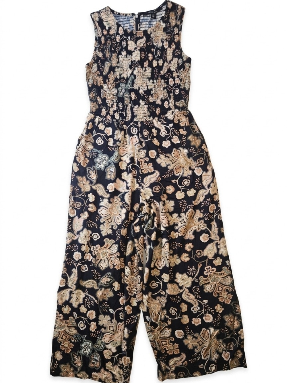 NWT Size XL Marc Anthony Beige Navy Floral Paisley Smocked Wide-Leg Jumpsuit